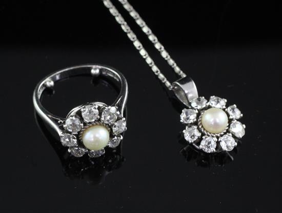 An early 1980s 18ct white gold split cultured pearl and diamond cluster ring and a similar pendant, ring size J.